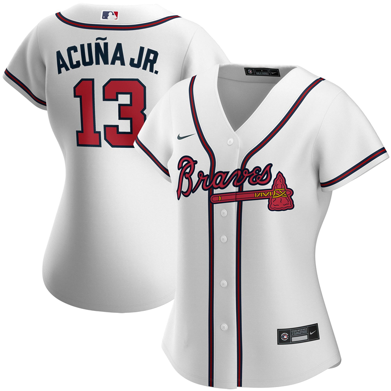 2020 MLB Women Atlanta Braves 13 Ronald Acuna Jr. Nike White Home 2020 Replica Player Jersey 1